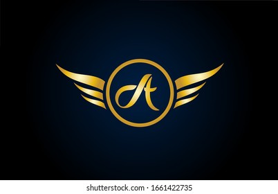 gold golden A wing wings alphabet letter logo icon with classy design for company and business. Suitable for stylish logotype