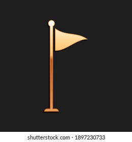 Gold Golf flag icon isolated on black background. Golf equipment or accessory. Long shadow style. Vector.