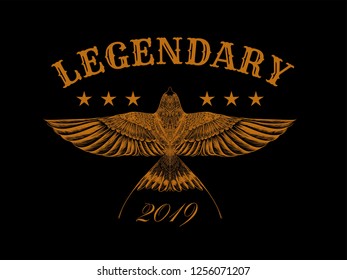 Gold gonfalon with flying bird and slogan: "Legendary 2019". Vintage print for t shirt and tattoo art. Hand drawn swift.