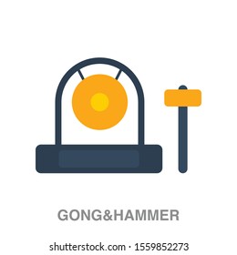 Gold gong and hammer flat icon on white transparent background. You can be used gong and hammer icon for several purposes.