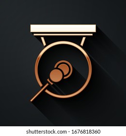 Gold Gong musical percussion instrument circular metal disc and hammer icon isolated on black background. Long shadow style. Vector Illustration