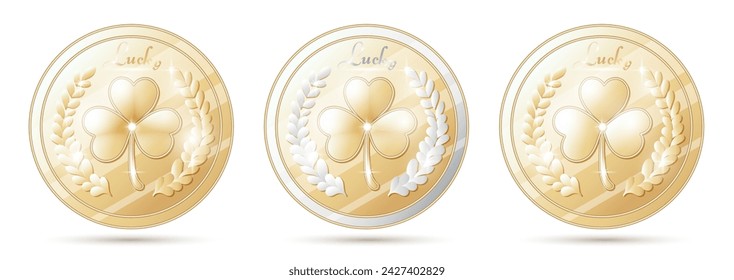 Gold good luck coin with clover leaves. Symbol of good luck, Ireland, Patrick's day, luck. Element for web design or for print. Three leaf clover golden coins. Saint Patrick's Day coins on a transpare