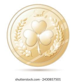 Gold good luck coin with clover leaves. Symbol of good luck, Ireland, Patrick's day, luck. Element for web design or for print. Three leaf clover golden coins. Saint Patrick's Day coins on a transpare