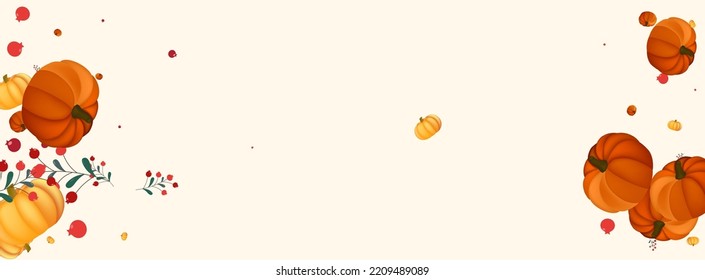 Gold Gourd Background Beige Vector. Leaves Nature. Colorful Happy Banner. November Texture. Red Pumpkin Wallpaper Template.