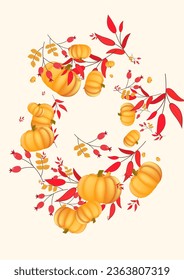 Gold Gourd Background Beige Vector. Plant Wreath. Burgundy Print Border. Pattern Banner. Green Rowan Happy Illustration.
