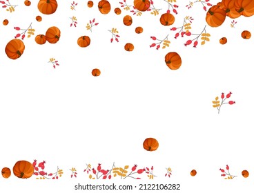 Gold Gourd Background White Vector. Leaf Botanical. Yellow Drawing Set. Pattern Illustration. Red Rowan Print Card.
