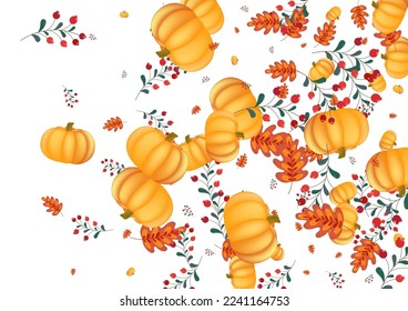 Gold Gourd Background White Vector. Rowan Halloween. Orange November Banner. Harvest Template. Red Leaves Foliage Illustration.
