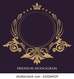 Gold Graceful Frame. Decorative Floral Pattern. Heraldic Symbols. Monogram Initials And Exclusive Calligraphic Design Elements. Vector Business Sign, Identity For Hotel, Restaurant, Boutique, Jewelry.