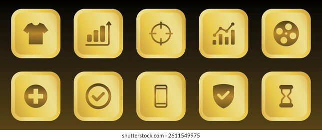 Gold Gradient 3D Icon Set with Business Growth Mobile App Health Security Film and Target Symbols for UI UX Dashboard Presentation and Digital Media Interface in Glossy Luxury Style