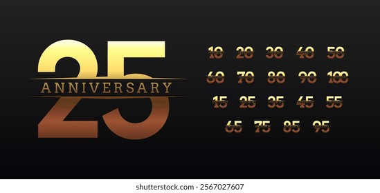 Gold gradient anniversary numbers with elegant typography design, celebrating milestones from 10 to 100 years for branding, events, or commemorative materials. Vector illustration