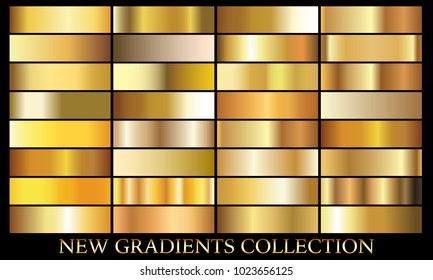 Gold gradient background set vector icon texture metallic illustration for frame, ribbon, banner, coin and label. Realistic abstract golden design seamless pattern. Elegant light and shine template