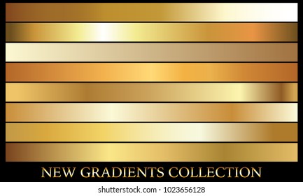 Gold gradient background set vector icon texture metallic illustration for frame, ribbon, banner, coin and label. Realistic abstract golden design seamless pattern. Elegant light and shine template