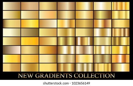 Gold gradient background set vector icon texture metallic illustration for frame, ribbon, banner, coin and label. Realistic abstract golden design seamless pattern. Elegant light and shine template