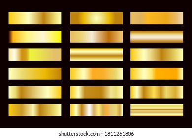Gold gradient background set vector icon texture metallic illustration for frame, ribbon, banner, coin and label. Realistic abstract golden design seamless pattern. Elegant light and shine template