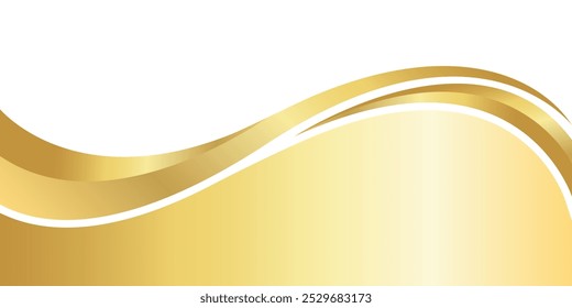 Gradiente de oro para el Anuncio, forma ondulada dorada, curva de onda dorada sobre fondo blanco, forma de esquina de onda dorada para el Anuncio, gráfico dorado de la cinta de rayas, lujo radiante de oro rayado