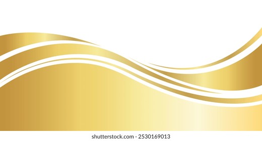 Gradiente de oro para el Anuncio, forma ondulada dorada, curva de onda dorada sobre fondo blanco, forma de esquina de onda dorada para el Anuncio, gráfico dorado de la cinta de rayas, lujo radiante de oro rayado