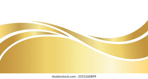 Gradiente de oro para el Anuncio, forma ondulada dorada, curva de onda dorada sobre fondo blanco, forma de esquina de onda dorada para el Anuncio, gráfico dorado de la cinta de rayas, lujo radiante de oro rayado