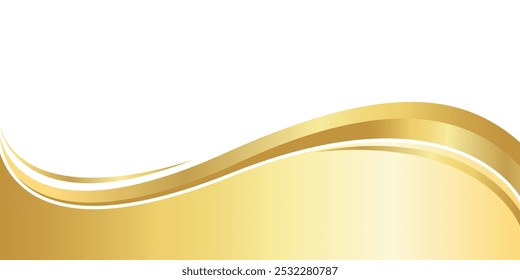 Gradiente de oro para el Anuncio, forma ondulada dorada, curva de onda dorada sobre fondo blanco, forma de esquina de onda dorada para el Anuncio, gráfico dorado de la cinta de rayas, lujo radiante de oro rayado