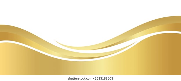 gradiente de ouro para banner, forma ondulada dourada, curva de onda dourada sobre fundo branco, forma de canto de onda dourada para banner, faixa de listras gráfico dourado, ouro listrado radiente luxo