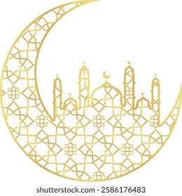 Gold Gradient Big Mosque with Crescent with Gold Gradient Islamic Pattern
