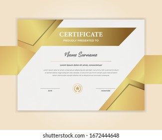 Gold gradient certificate template with luxury badge and modern shape. for award and education vector 