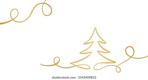 Gold gradient Christmas tree line art swirl, vector flourish frame design, elegant linear greeting template design