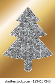 Gold gradient christmas tree torn effect paper cutout with silver snowflakes background. A4 size, vector illustration.