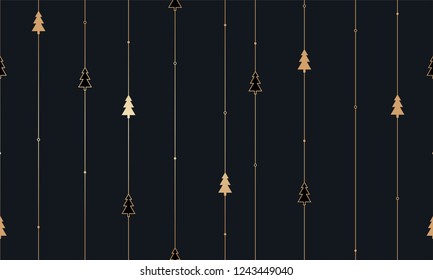 Gold gradient Christmas trees on black background with stripes. Winter abstract seamless background 2026 - 2027.