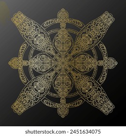 Contorno de gradiente dorado copo de nieve en estilo de arte popular textura metálica de encaje motivos étnicos mandala. elemento de Vector