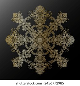 Contorno de gradiente dorado copo de nieve en estilo de arte popular textura metálica encaje motivos étnicos mandala. elemento de Vector.