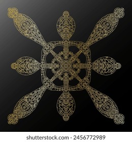 Contorno de gradiente dorado copo de nieve en estilo de arte popular textura metálica encaje motivos étnicos mandala. elemento de Vector.