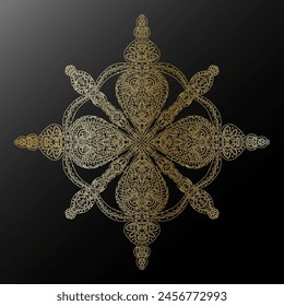 Contorno de gradiente dorado copo de nieve en estilo de arte popular textura metálica encaje motivos étnicos mandala. elemento de Vector.