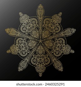 Contorno de gradiente dorado copo de nieve en estilo de arte popular textura metálica encaje motivos étnicos mandala. elemento de Vector.