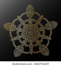 Gold gradient contour snowflake in folk art style metallic texture lace ethnic motifs mandala. vector element.