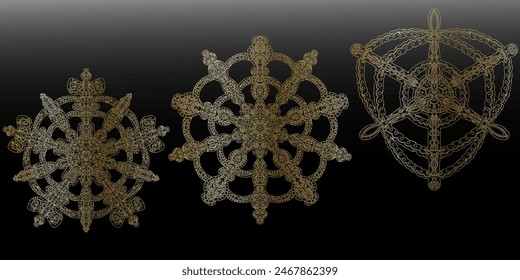 Gold gradient contour snowflake in folk art style metallic texture lace ethnic motifs mandala. vector element.