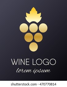 Gold gradient grapes logo. Golden wine or vine logotype icon. Brand design element for organic wine, wine list, menu, liquor store, selling alcohol, wine company. Vector illustration.