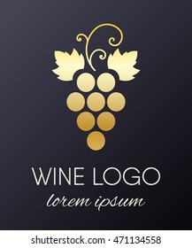 Gold gradient grapes logo. Golden wine or vine logotype icon. Brand design element for organic wine, wine list, menu, liquor store, selling alcohol, wine company. Vector illustration.