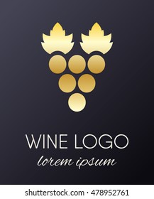 Gold gradient grapes logo. Golden wine or vine logotype icon. Brand design element for organic wine, wine list, menu, liquor store, selling alcohol, wine company. Vector illustration.
