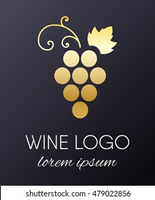 Gold gradient grapes logo. Golden wine or vine logotype icon. Brand design element for organic wine, wine list, menu, liquor store, selling alcohol, wine company. Vector illustration.