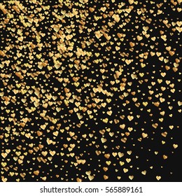Gold gradient hearts confetti. Abstract scatter on black valentine background. Vector illustration.