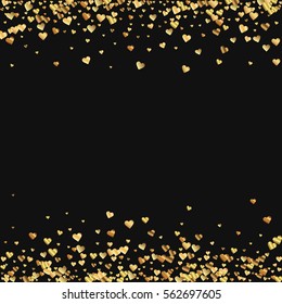 Gold gradient hearts confetti. Borders on black valentine background. Vector illustration.