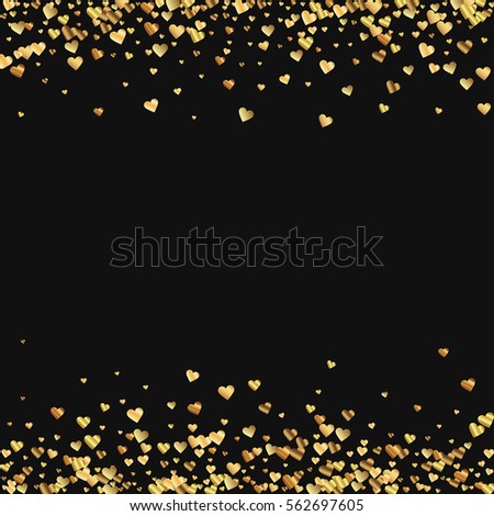 Gold gradient hearts confetti. Borders on black valentine background. Vector illustration.