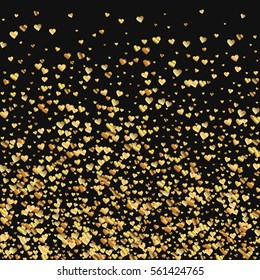 Gold gradient hearts confetti. Bottom gradient on black valentine background. Vector illustration.