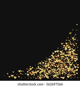 Gold gradient hearts confetti. Bottom right corner on black valentine background. Vector illustration.