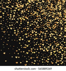 Gold gradient hearts confetti. Random gradient scatter on black valentine background. Vector illustration.