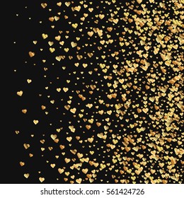 Gold gradient hearts confetti. Right gradient on black valentine background. Vector illustration.