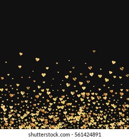 Gold gradient hearts confetti. Scatter bottom gradient on black valentine background. Vector illustration.