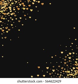 Gold Gradient Hearts Confetti. Scatter Abstract Corners On Black Valentine Background. Vector Illustration.