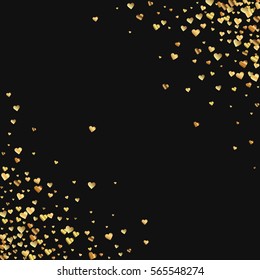 Gold gradient hearts confetti. Scatter cornered border on black valentine background. Vector illustration.