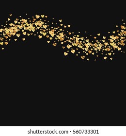 Gold gradient hearts confetti. Top wave on black valentine background. Vector illustration.